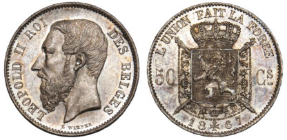 Belgium, Leopold II, 50 Centimes, 1867