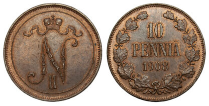 Finland, Nicholas II of Russia, copper 10 Pennia, 1908