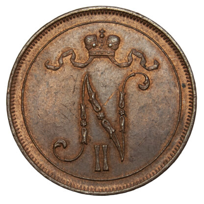 Finland, Nicholas II of Russia, copper 10 Pennia, 1908