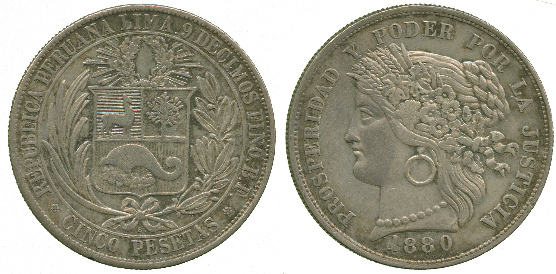 Peru, Republic Peseta Coinage, Silver 5 Pesetas Baldwin's