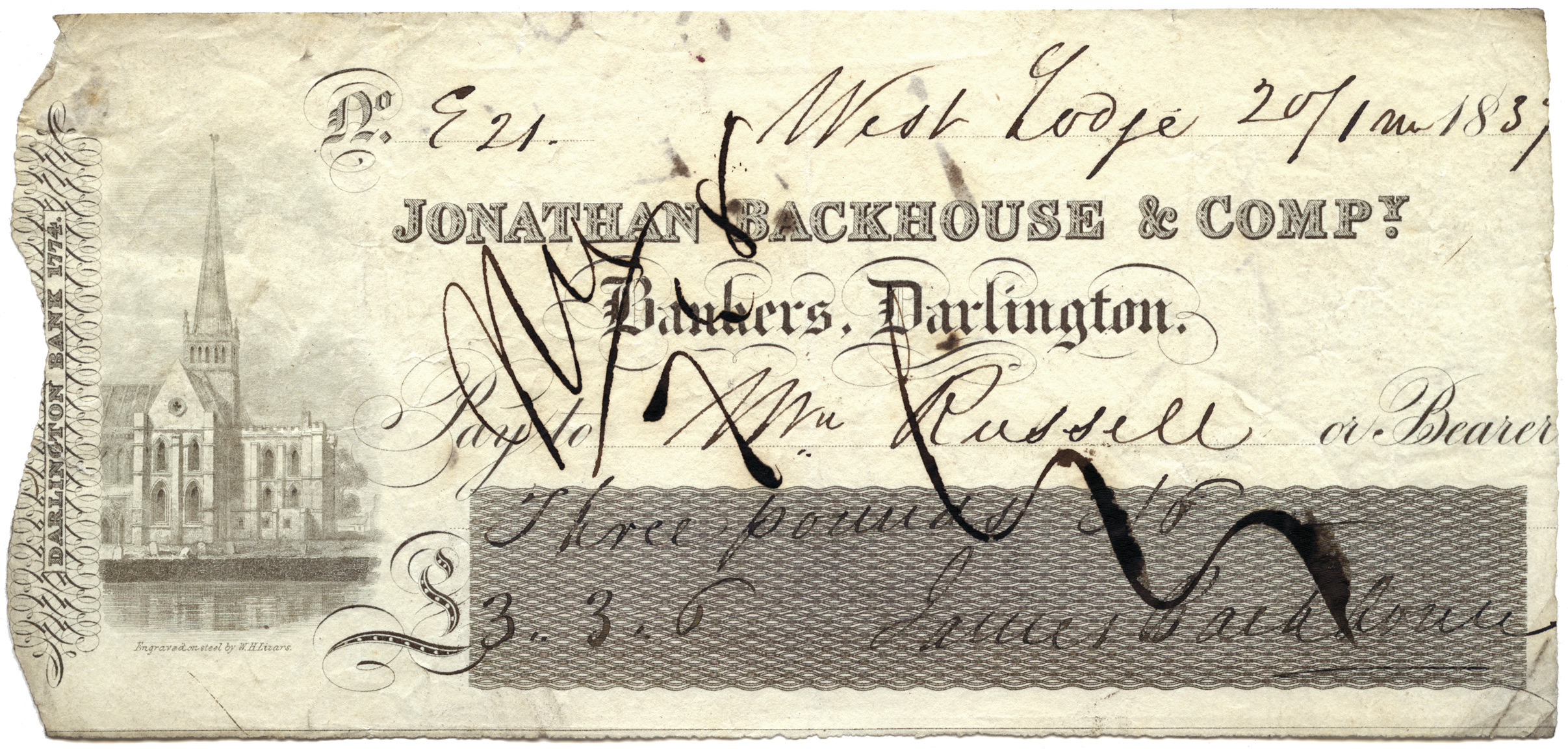 Great Britain, Cheque, Durham, £3.3.6d, 1837 Great Britain, Cheque, Durham, £3.3.6d, 1837