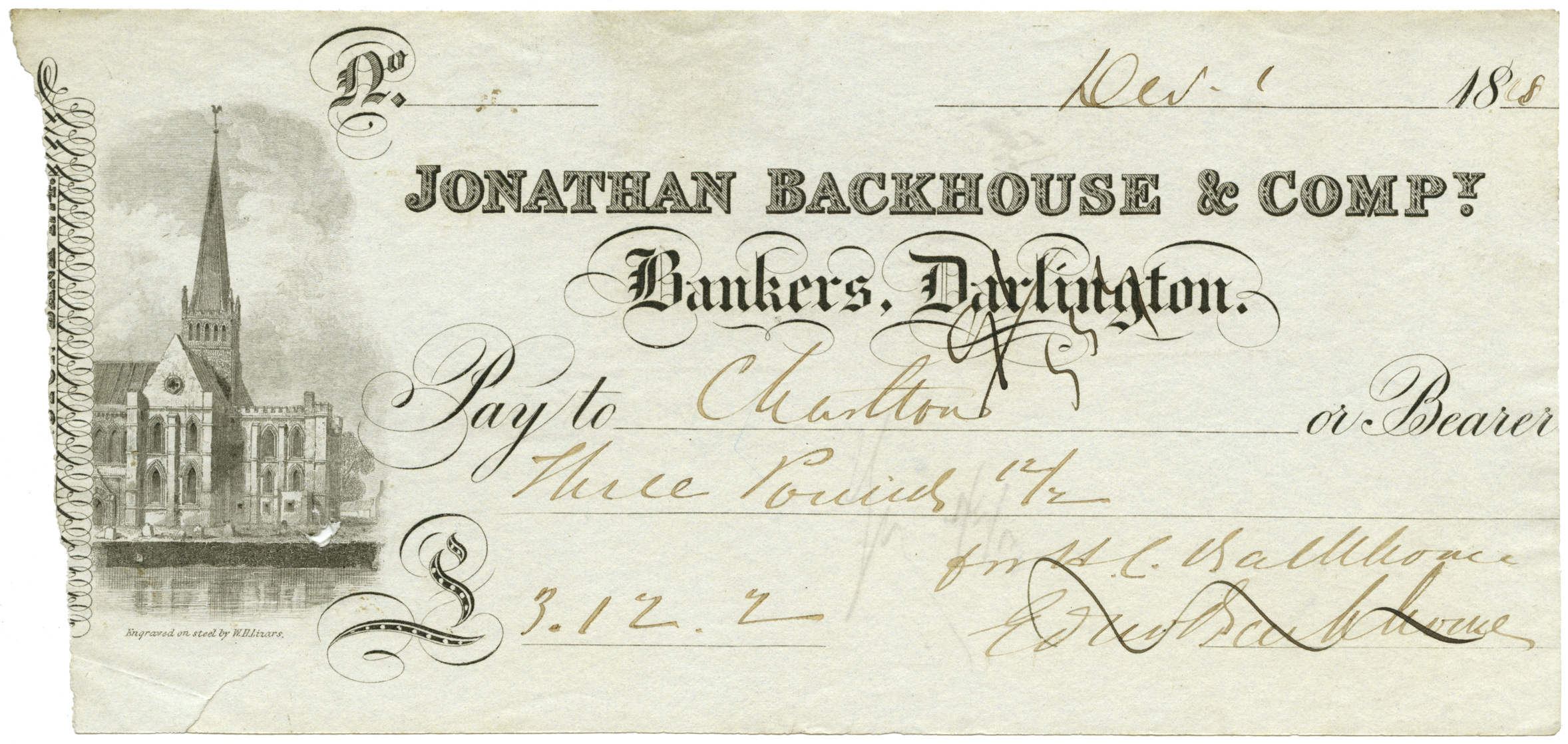 Great Britain, Cheque, Darlington/Backhouse £3-12-2, 1848