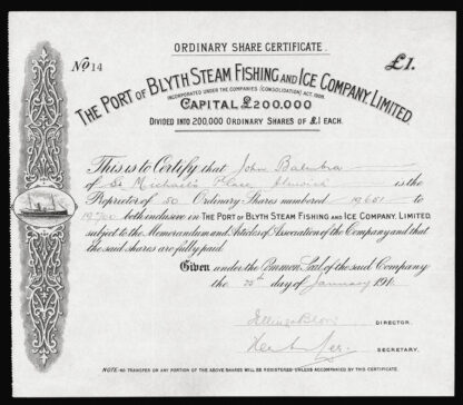 Great Britain, Steam Fishing Share Certificate, 1911