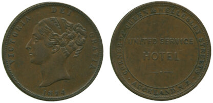 New Zealand, United Services Hotel, Penny Token, 1874