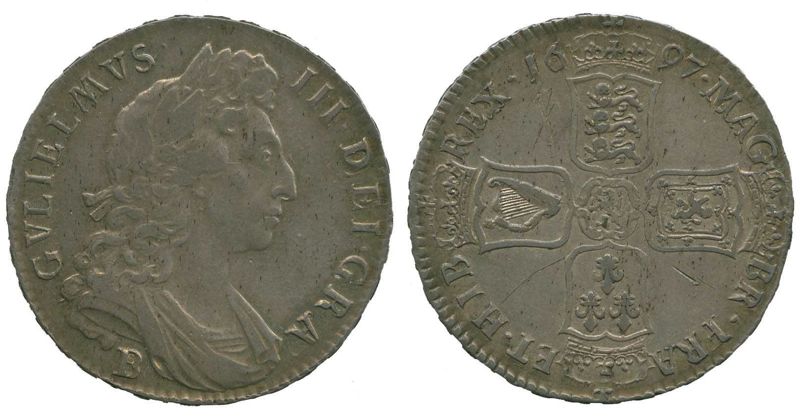 William III (1694-1702), Silver Halfcrown, B below bust Bris