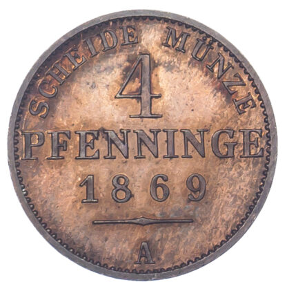 Germany, Prussia, Wilhelm I, Copper Proof 4 Pfennig, 1869 A - RARE