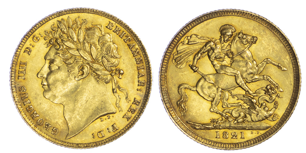 1821 George IV Sovereign About Uncirculated