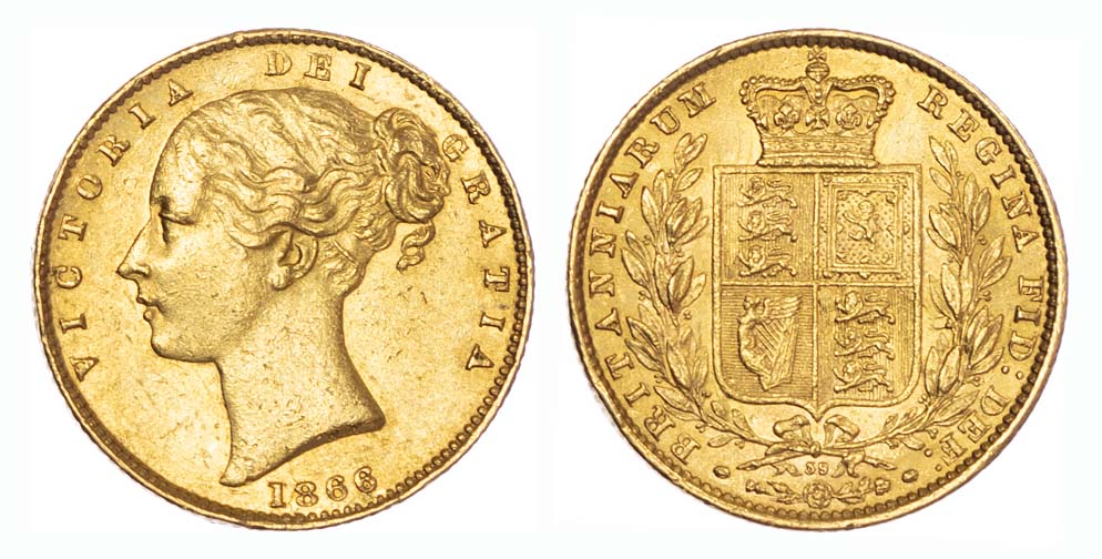 1866 Victoria Shield Sovereign Die 39 Good Very Fine