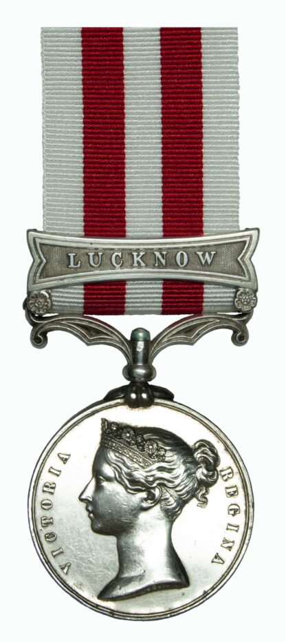 Indian Mutiny Casualty Medal 1857-58, one clasp Lucknow awarded to Allen Drew