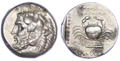 Text Box: Silver Tetradrachm of Kos, c. 350-345 BC, issued under the magistrate Nestoridas.
