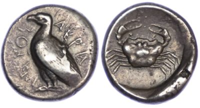 Text Box: Large Silver Tetradrachm of Akragas, minted c. 465-446 BC, exhibiting a beautiful cabinet tone. Ex Glendining’s, 1982.