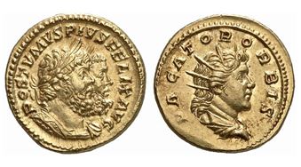 Postumus styled himself as Hercules, and even appeared alongside depictions of the demigod on some of his coins. This extremely rare gold aureus, auctioned by Baldwin’s and the New York Sale group in 2006, achieved an impressive $100,000. 