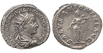 This silver antoninianus of Elagabalus (AD 218-222) was likely the inspiration for Postumus’ Salus coin. Coins referring to the health of the emperor are unusual in the numismatic record. Image: Baldwin’s Archive. 