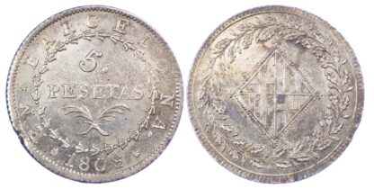 Spain, Barcelona under French occupation, silver 5 Pesetas