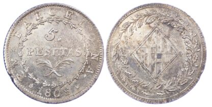 Spain, Barcelona under French occupation, silver 5 Pesetas