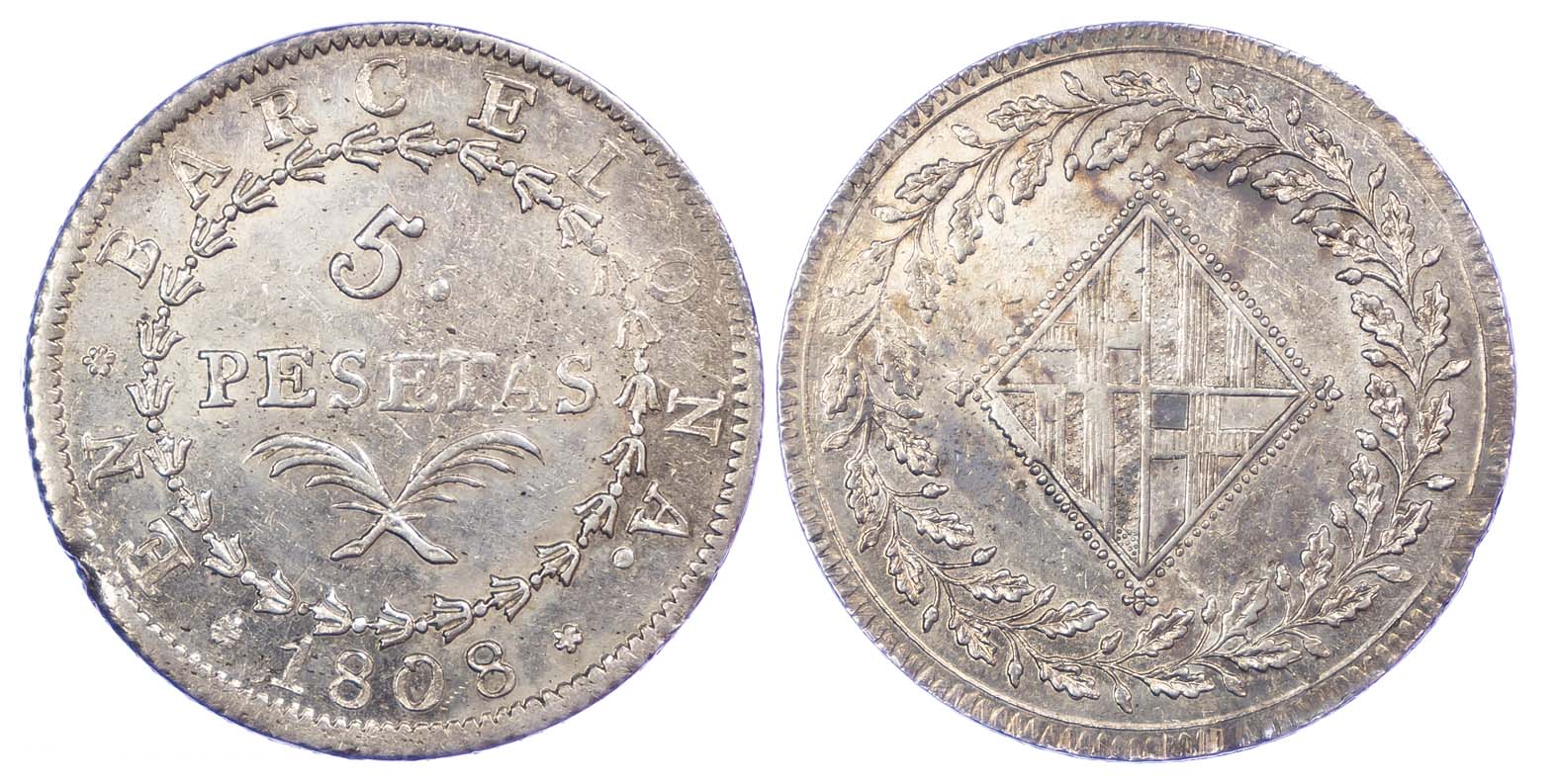 Spain, Barcelona under French occupation, silver 5 Pesetas