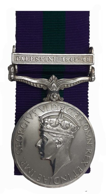 General Service Medal 1918-62, GVIR, one clasp Palestine 1945-48 to Gunner W. Leach