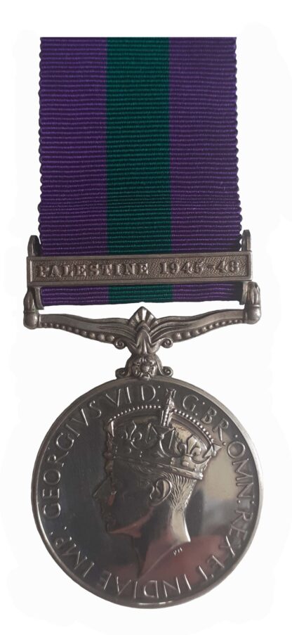 General Service Medal GVIR one clasp, Palestine 1945-48 to B. Constable W.A. Campbell