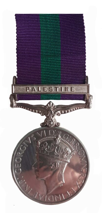 General Service Medal 1918-62, GVIR, one clasp Palestine to Trooper F.K. Hind