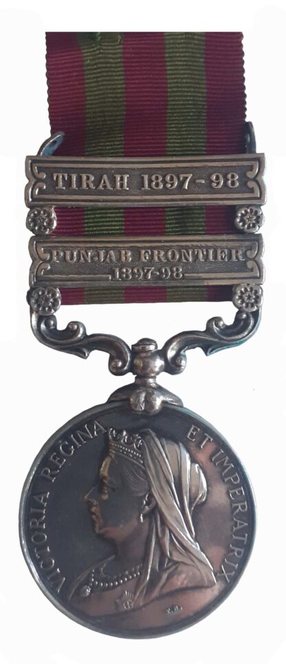India Medal 1895-1902, QVR, two clasps, Punjab Frontier 1897-98, Tirah 1897-98, to Gunner C.E.C. Fisher