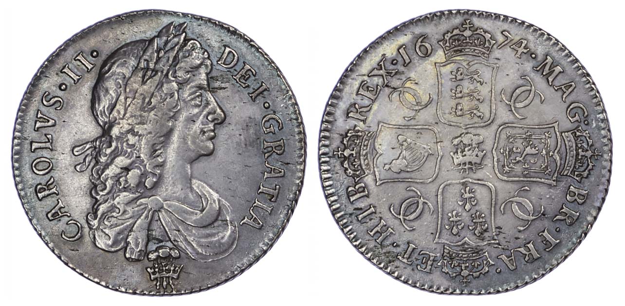 Charles II (1660-85), Shilling, 1674, plume below bust