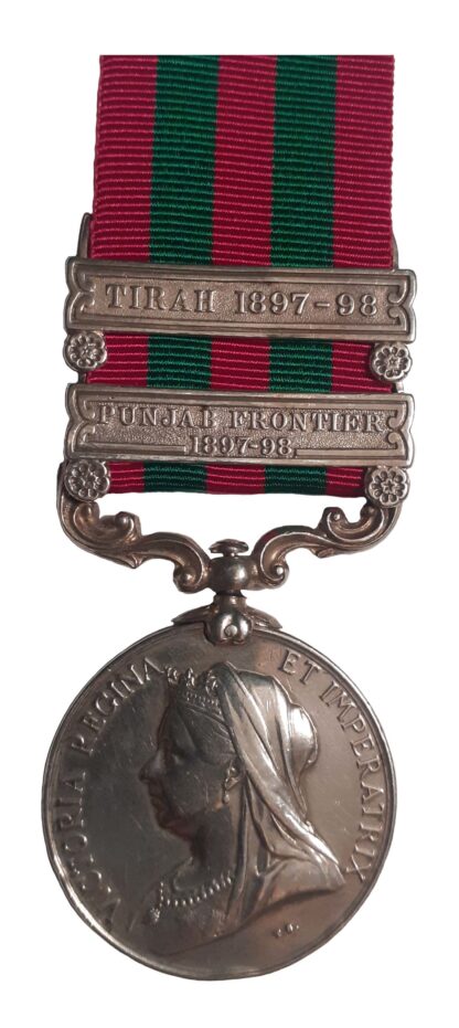 India Medal,1895-1902, QVR, two clasps Punjab Frontier 1897-98, Tirah 1897-98, to Private J. Leaf