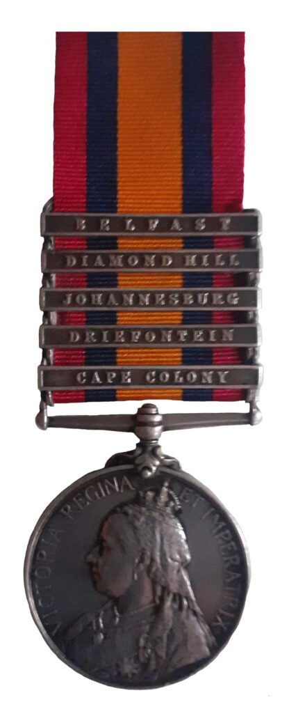 Queen's South Africa Medal, 2nd type, ghost dates, 5 clasps, Cape Colony, Driefontein, Johannesburg, Diamond Hill, Belfast, to Private W. Caunt