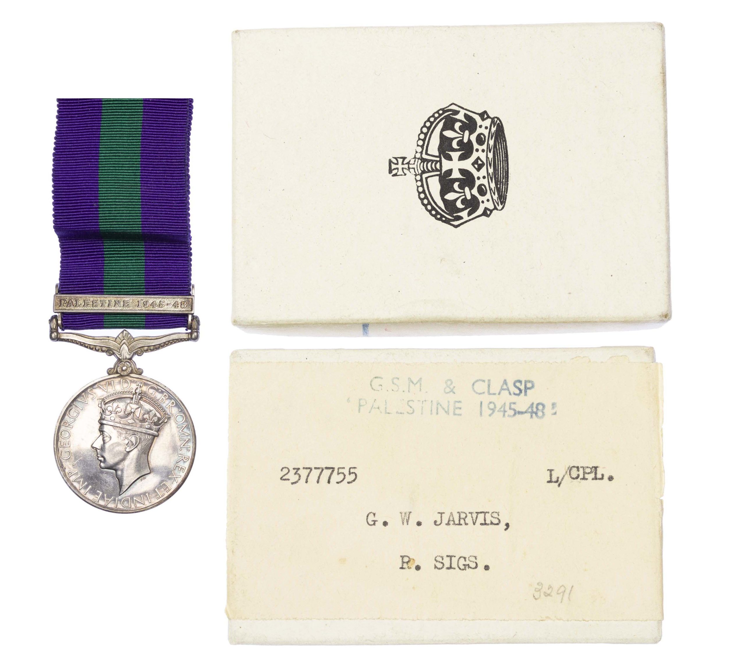 General Service Medal 1918-62, GVIR, one clasp Palestine1945-48 to Lance Corporal G.W. Jarvis