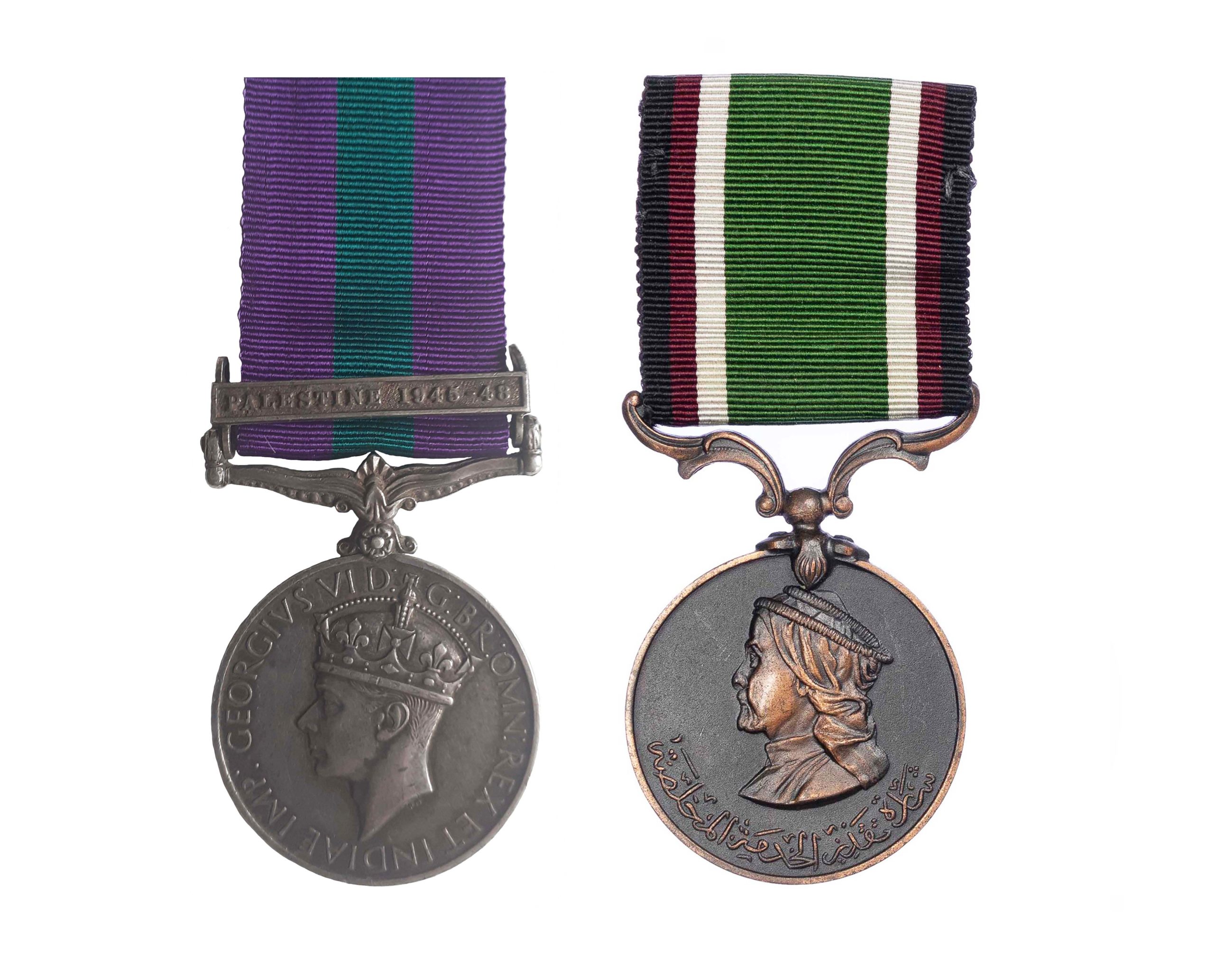 General Service Medal 1918-62, GVIR, one clasp Palestine 1945-48 Trans Jordan Long and Faithful Service Medal pair to Private Mustafa Muhd Mahmoud