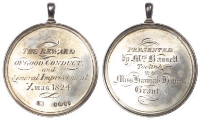 School prize medal, Mrs. Basset’s School, Tooting Silver reward 1824
