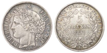 France, Silver 5 Francs, Ceres Type, 1851 A