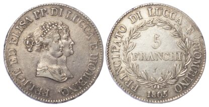 Italy, Lucca and Piombino, Elisa Bonaparte with Felice Baciocchi, silver 5 Franchi