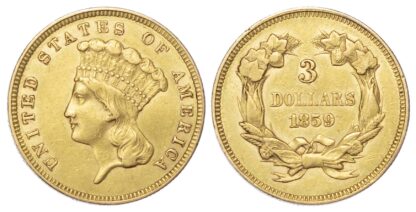 USA, 3 gold Dollars, 1859, Philadelphia