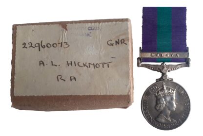 General Service Medal,1918-62, EiiR, one clasp Malaya to Gunner Arthur Lewis Hickmott