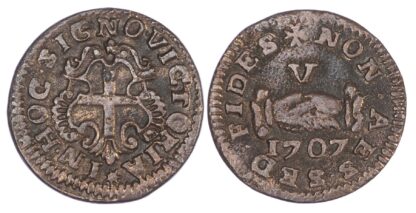 Malta, Order of St. John, Ramon Perellos y Roccaful (1697-1720 AD), copper 5 Grani (Cinquina), 1707