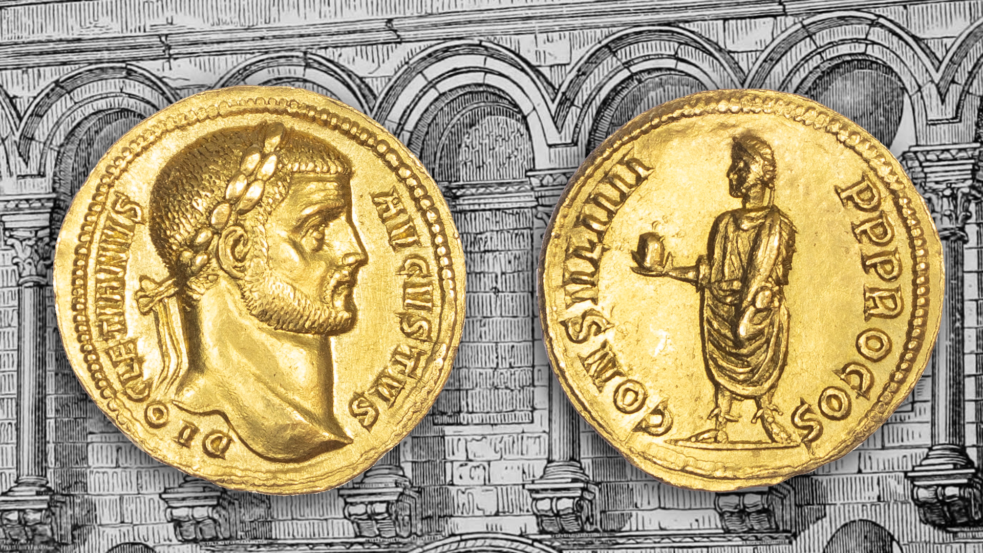 The Gold Aureus of Diocletian with a 19th Century engraving depicting the façade of Diocletian’s Palace in Split, Croatia.