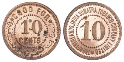 Netherlands East Indies, Sumatra, copper Proof 10 Cents, Tobacco Token