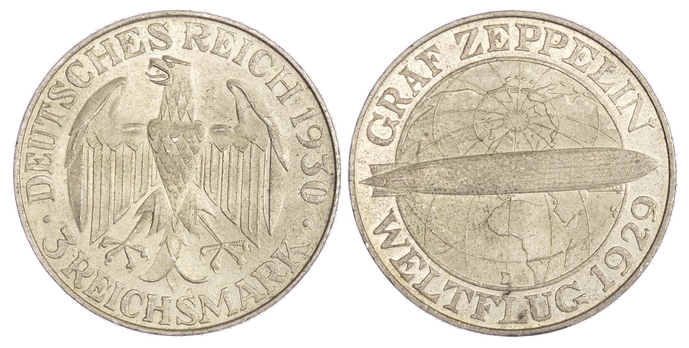 Germany, Weimar Republic (1923-33), silver 3 Reichsmark, 1930-D - Zeppelin