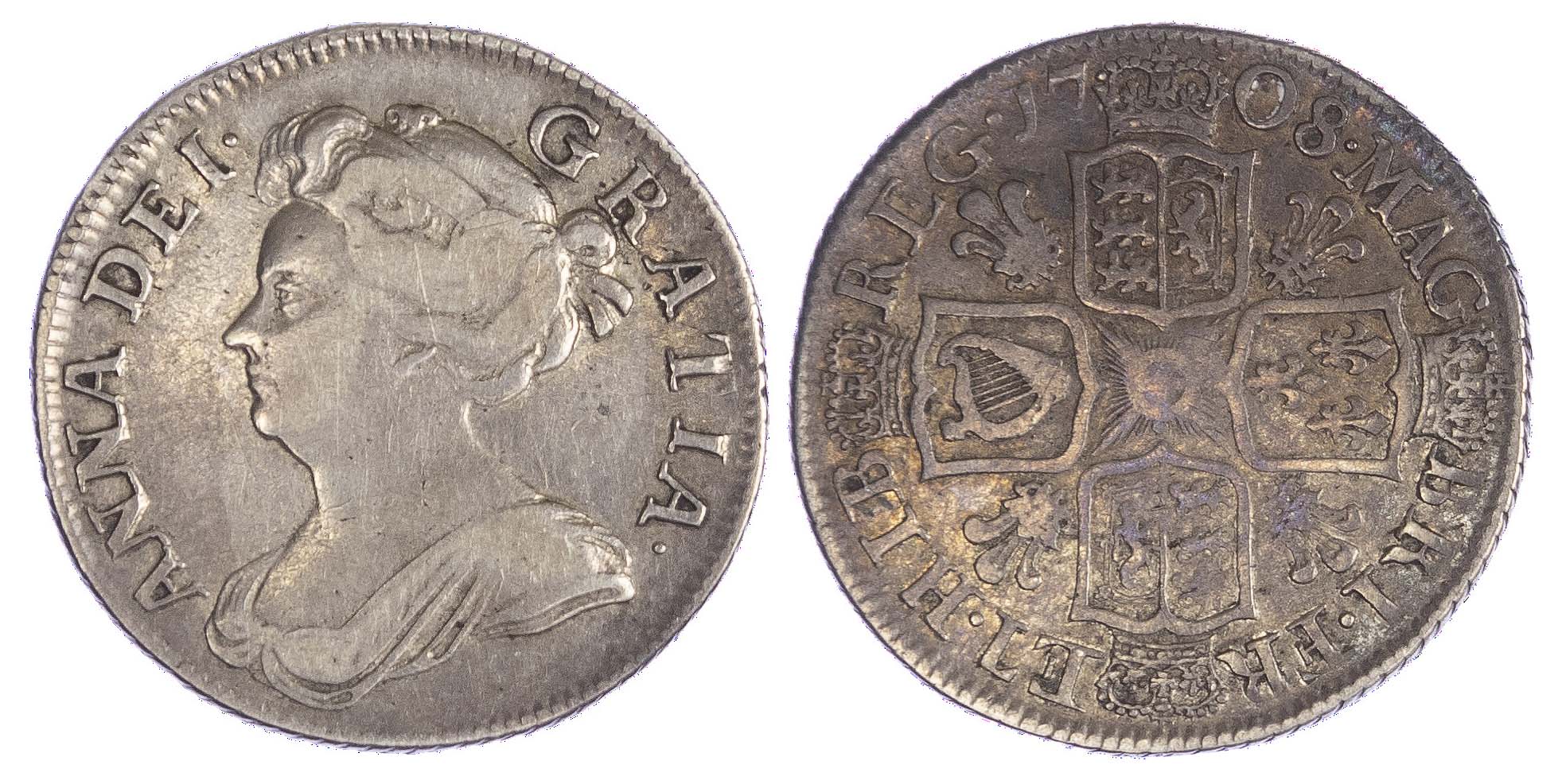 Anne (1702-14), Shilling, 1708, 3rd bust, plumes reverse