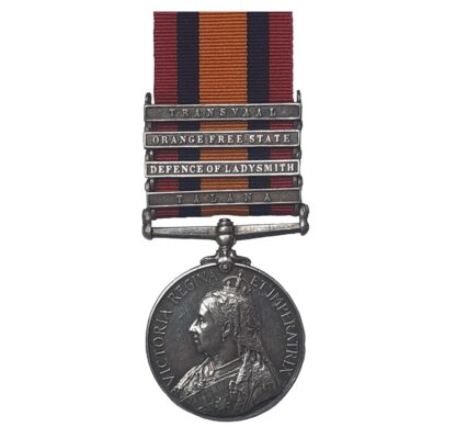 A Talana and Defence of Ladysmith Queen’s South Africa Medal, 2nd type Ghost Dates, 4 clasps, Talana, Defence of Ladysmith, Orange Free State, Transvaal, to Private John Watson