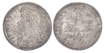 James II (1685-88), Crown, 1687, second bust, TERTIO. E over R in ET in edge (Rare)