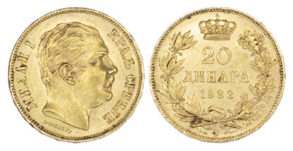 Serbia, Milan I Obrenovic (1882-89), gold 20 Dinara, 1882