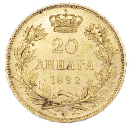 Serbia, Milan I Obrenovic (1882-89), gold 20 Dinara, 1882