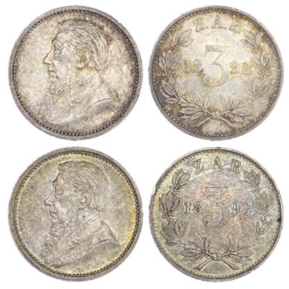 South Africa, Republic, Paul Kruger (1883-1900), silver Threepences - 2 coins