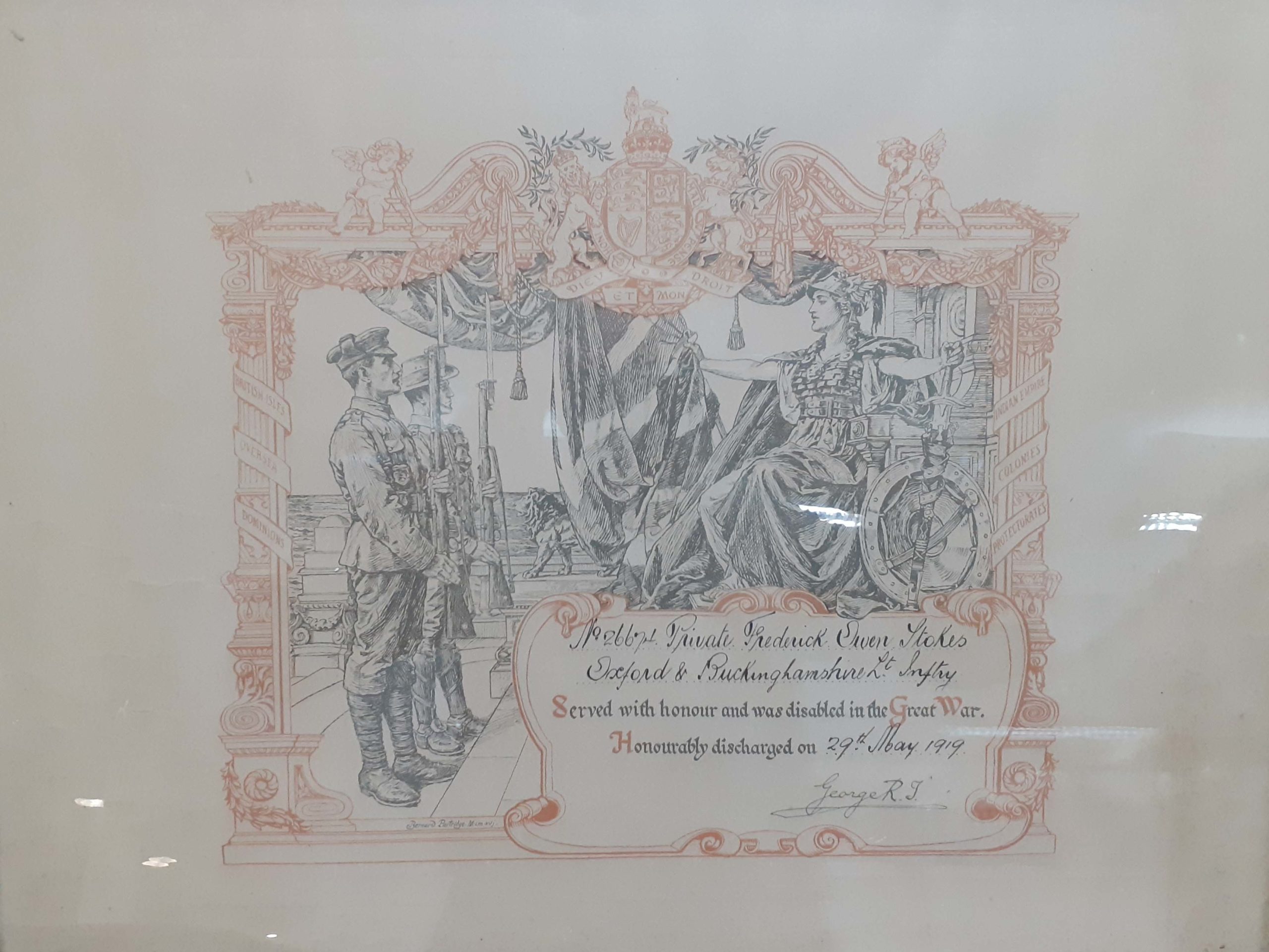A Great War Honourable Discharge Scroll to Private Frederick Owen Stokes