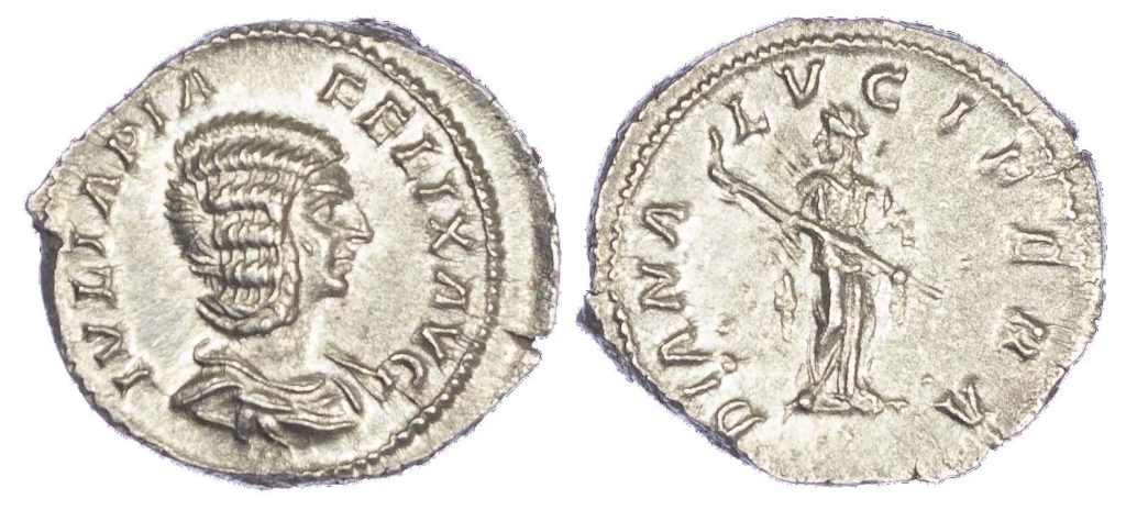 JULIA DOMNA (WIFE OF SEPTIMUS SEVERUS): DENARIUS SMALL OLD DRAPED BUST REV DIANA LUCIFERA