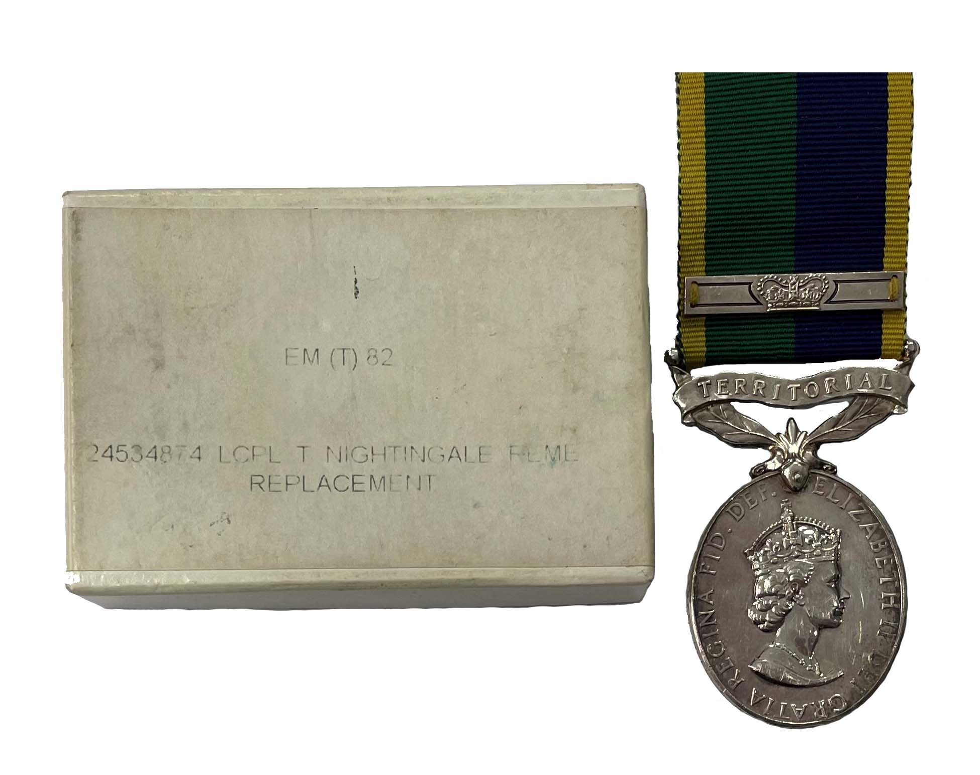Official Replacement Efficiency Medal, EiiR, Territorial suspender with additional 6 years’ service bar to Corporal T. Nightingale