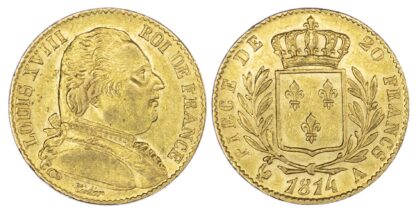 France, Louis XVIII, First Restauration (1814-1815), gold 20 Francs, 1814-A