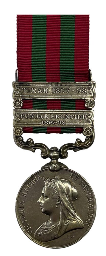 India Medal 1895-1902, QVR, two clasp, Punjab Frontier 1897-98, Tirah 1897-98, to Private John Skinner