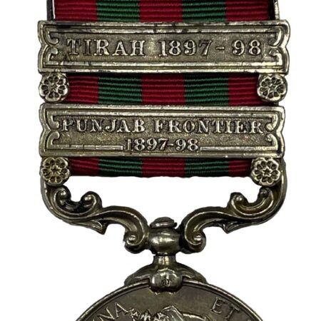 India Medal 1895-1902, QVR, two clasp, Punjab Frontier 1897-98, Tirah 1897-98, to Private John Skinner